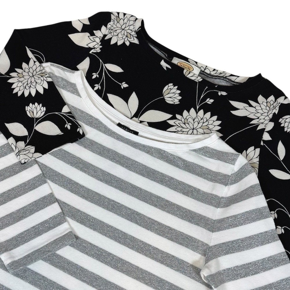 Talbots Petites M Lot 2 Boat Neck Tops Black Floral & Silver Metallic Striped